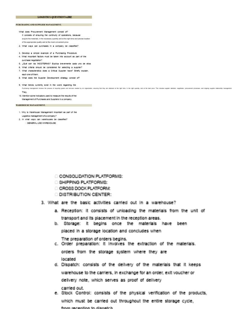 Logistics Management Questionnaire Guide | PDF | Warehouse | Logistics