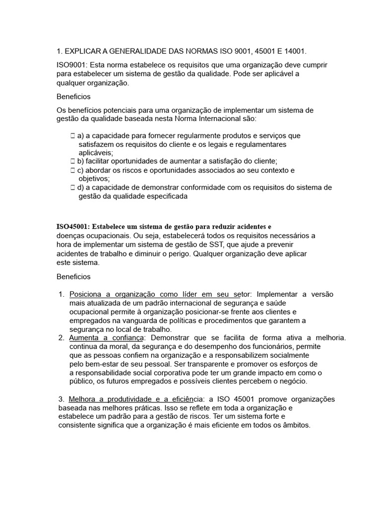 Benefícios das Normas ISO 9001, 45001 e 14001 | PDF | Gestão de ...