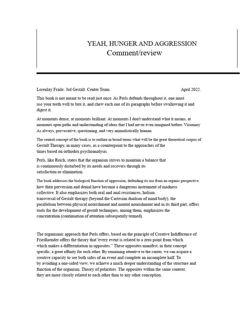 I Hunger and Aggression Review Summary | PDF | Gestalt Therapy | Thought