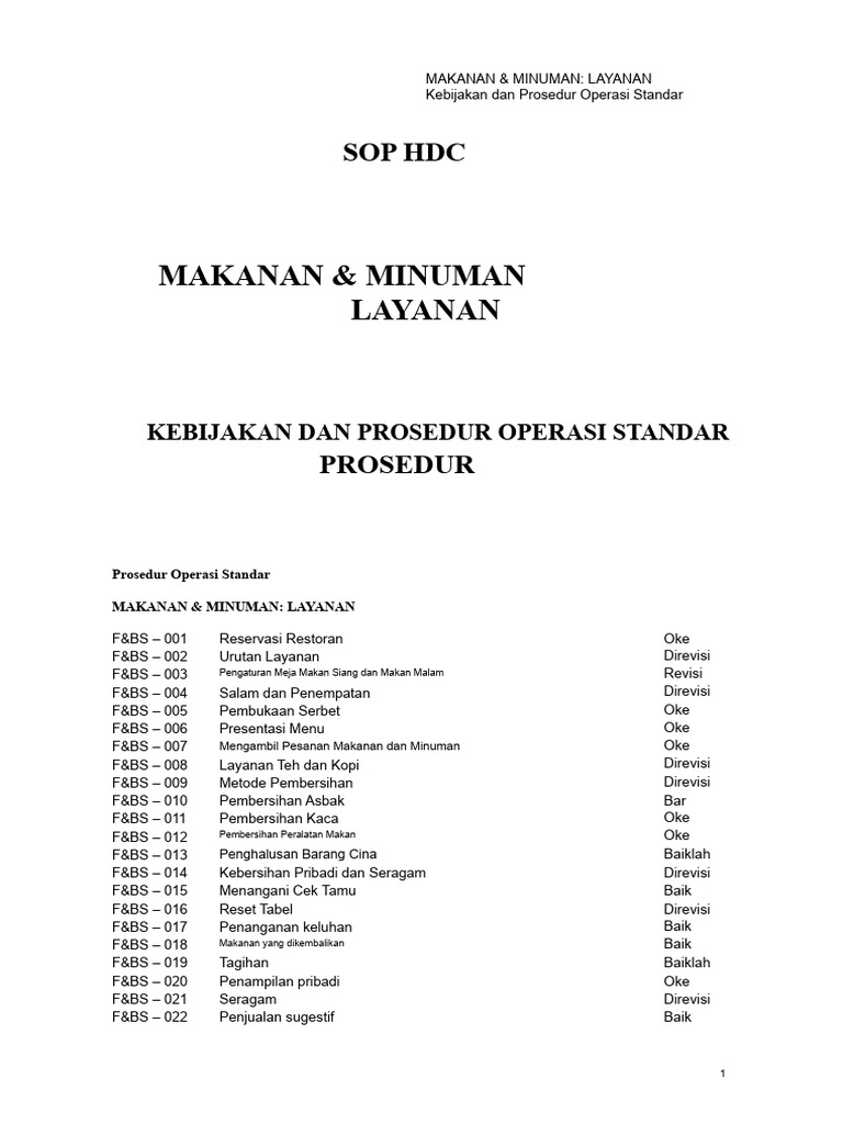 SOP Layanan Makanan dan Minuman | PDF