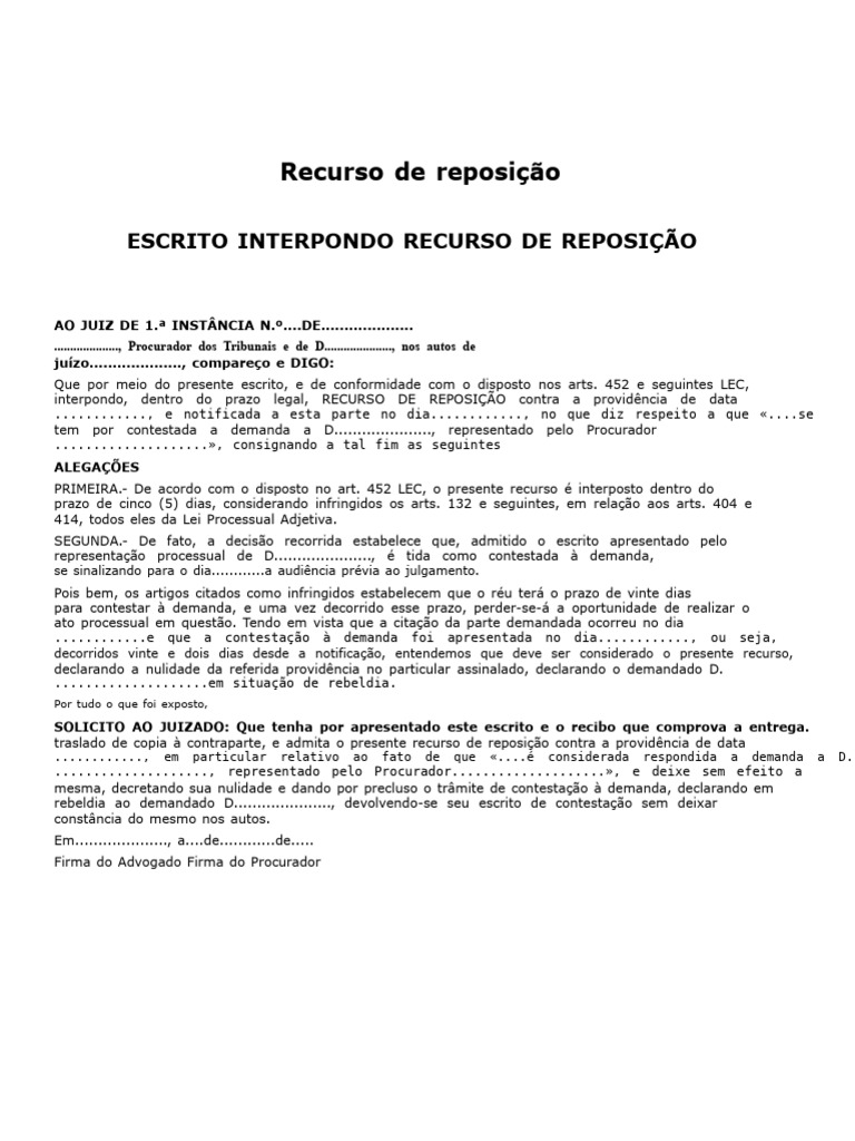 01 Escrito Interpondo Recurso de Reposição | PDF | Citação (jurídico) | Réu