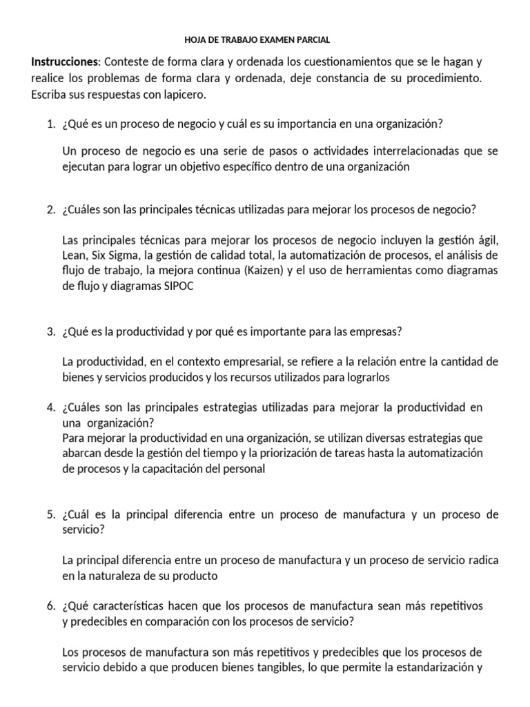 HT - Examen Parcial | PDF | Procesos de negocio | Calidad (comercial)