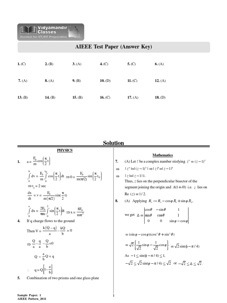 AIEEE 2011 Sample Paper Solutions | PDF | Trigonometric Functions | Sine
