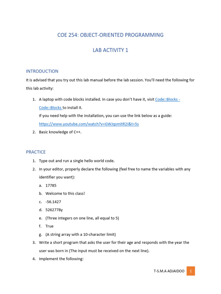 C++ Object-Oriented Programming Lab Guide | PDF