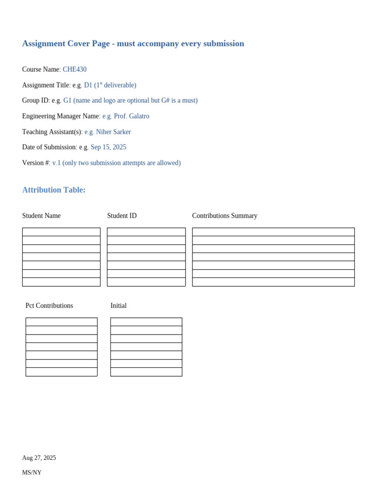 CHE430 Assignment Cover Page Template | PDF