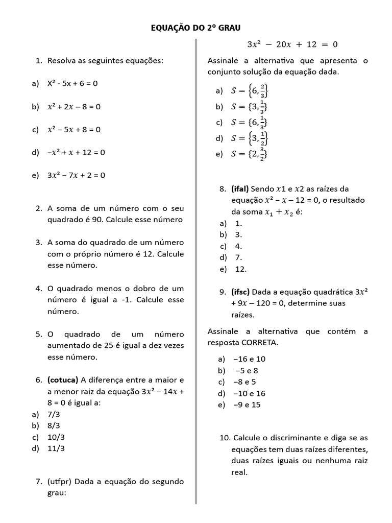 Exercícios de Equação do 2º Grau | PDF | Equações | Equação quadrática