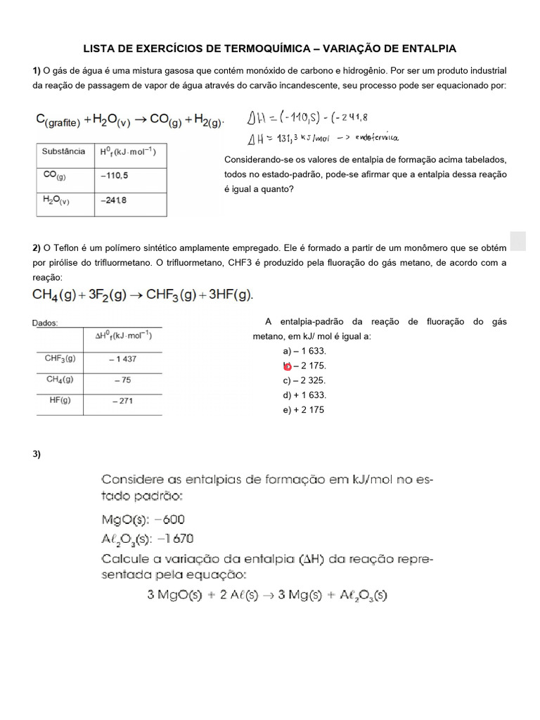 Exercícios de Termoquímica: Entalpia | PDF