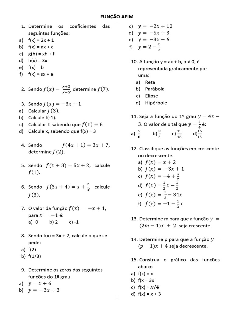 FUNÇÃO AFIM - Exercícios | PDF | Funções e mapeamentos | Analise matemática