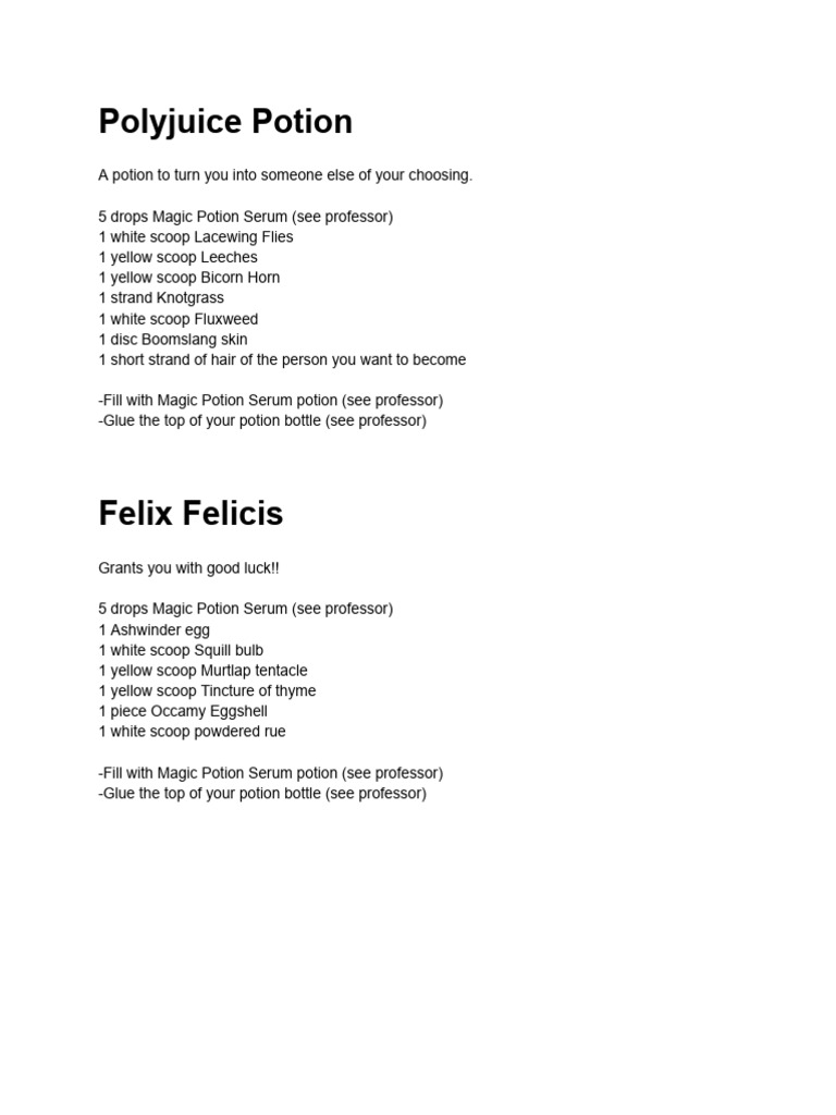Essential HP Potion Recipes | PDF