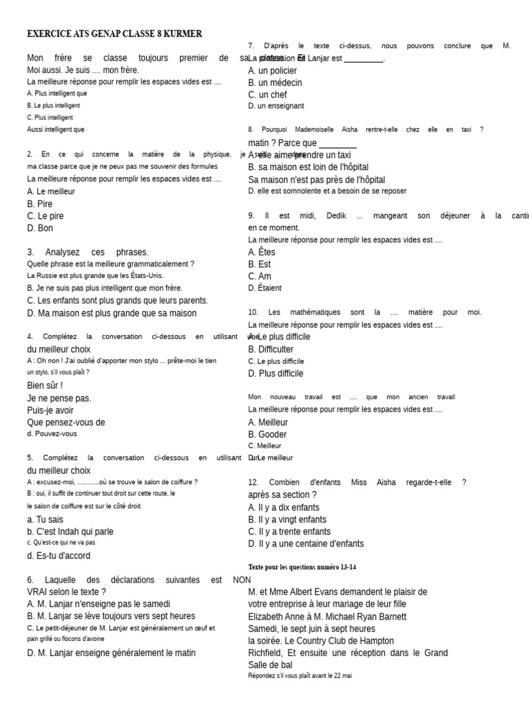 Exercice de grammaire pour la classe 8 | PDF