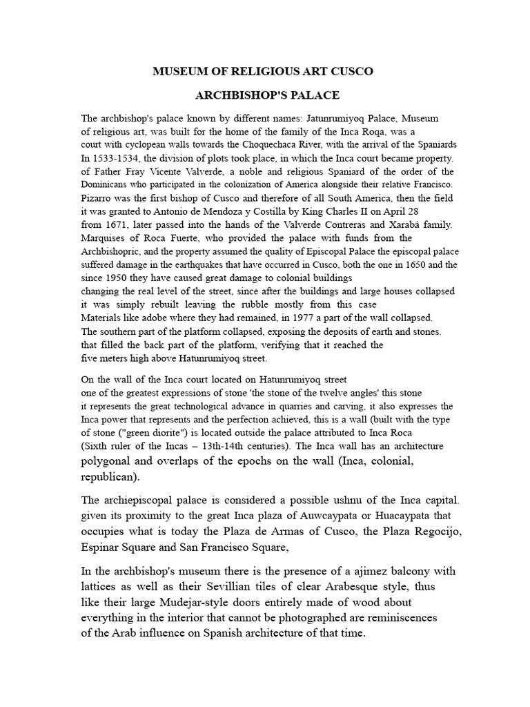 Archbishop's Palace: Cusco's Religious Art | PDF