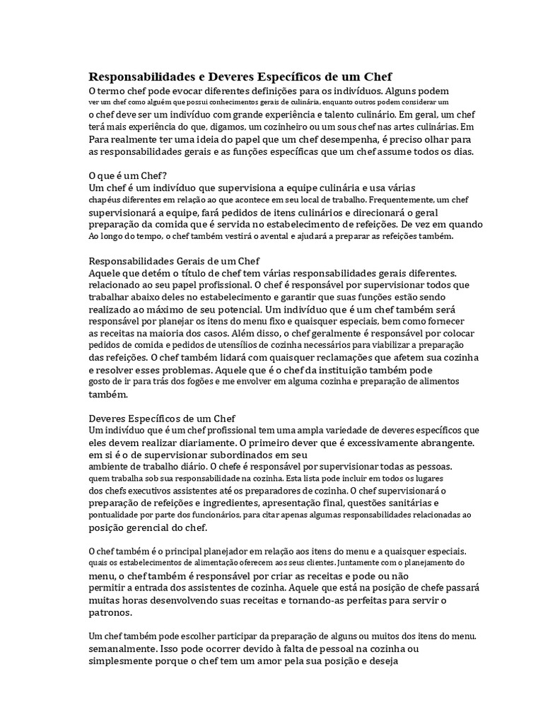 Funções e Deveres de um Chef Profissional | PDF | Chef (culinária)