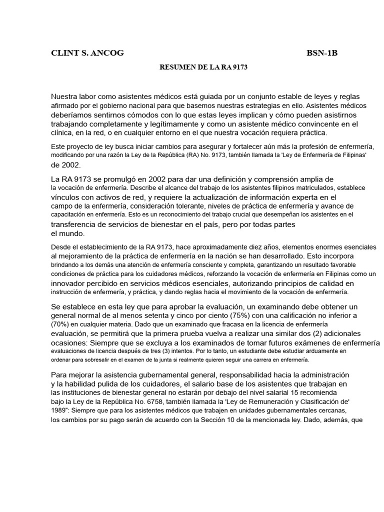 Resumen de La RA 9173 | PDF | Enfermería | Filipinas