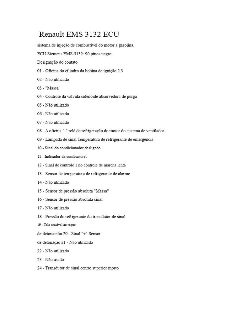 Pinout da ECU Renault EMS 3132 | PDF | Motores | Refrigeração