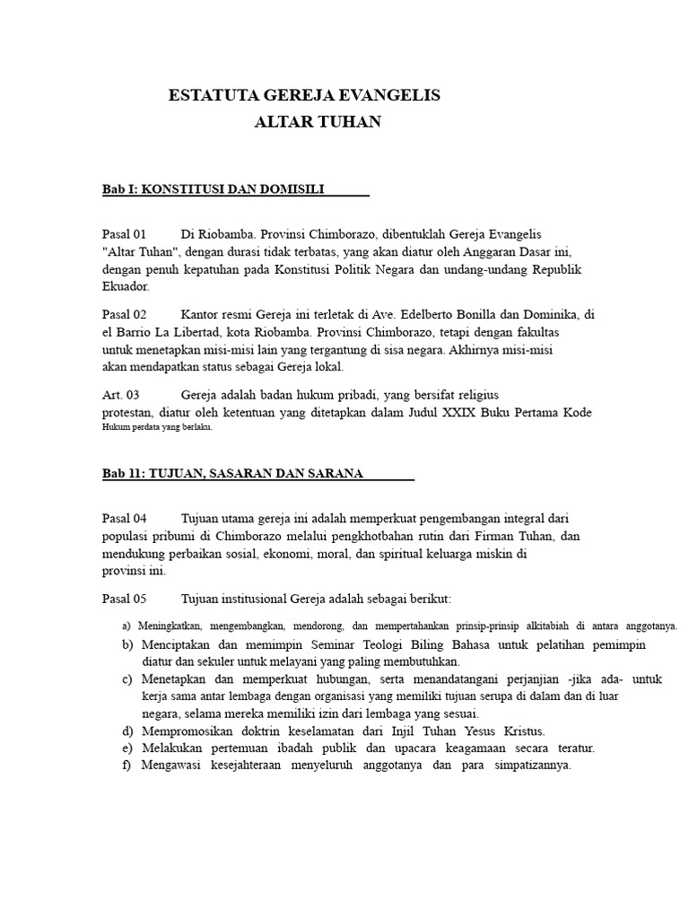 Estatuta Gereja Evangelis Altar Tuhan | PDF