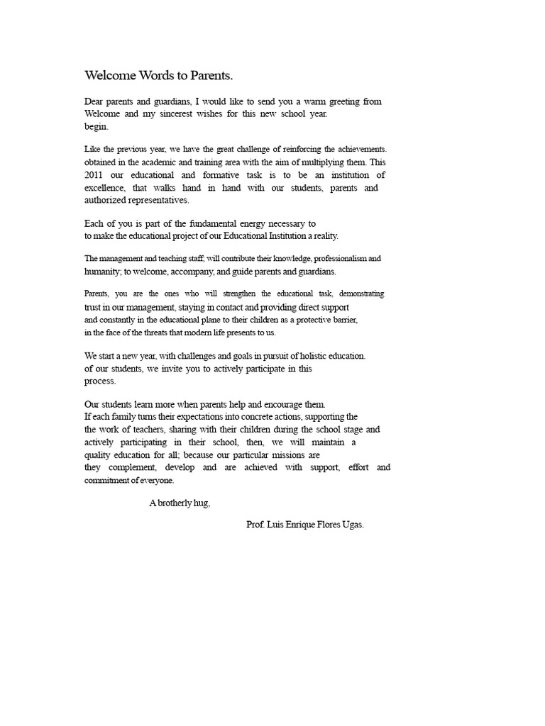 Welcome Words To Parents | PDF