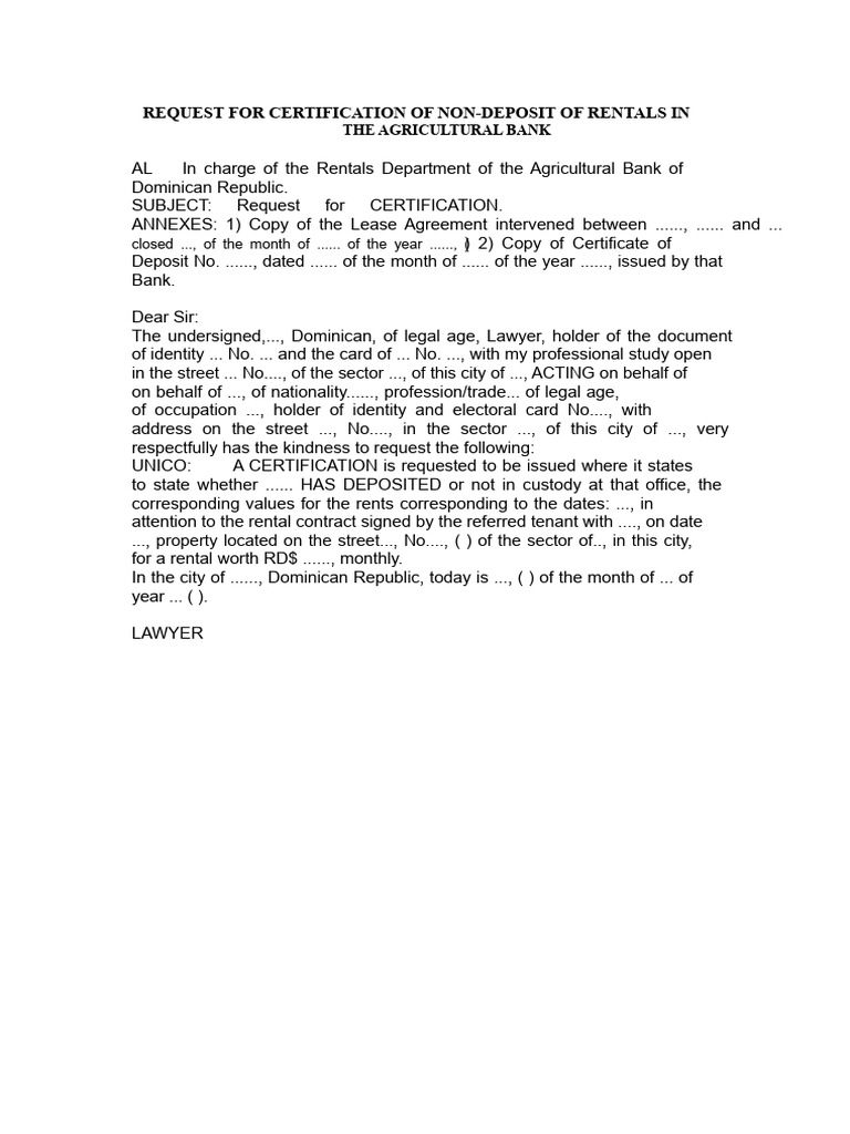 Request For Certification of No Deposit of Rent in e | PDF