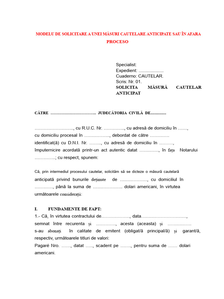 1.model de Cerere Pentru Măsuri Cautelare Anticipate Sau În Afara ...