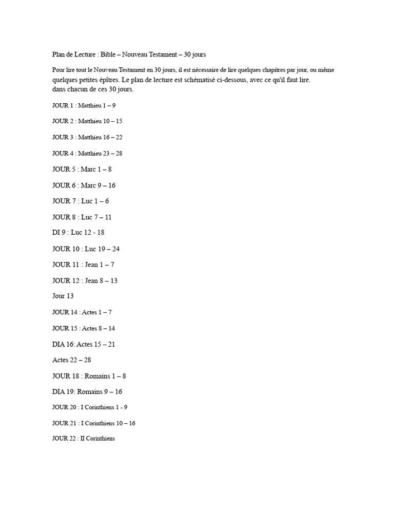 Plan de Lecture Nouveau Testament 30 Jours | PDF