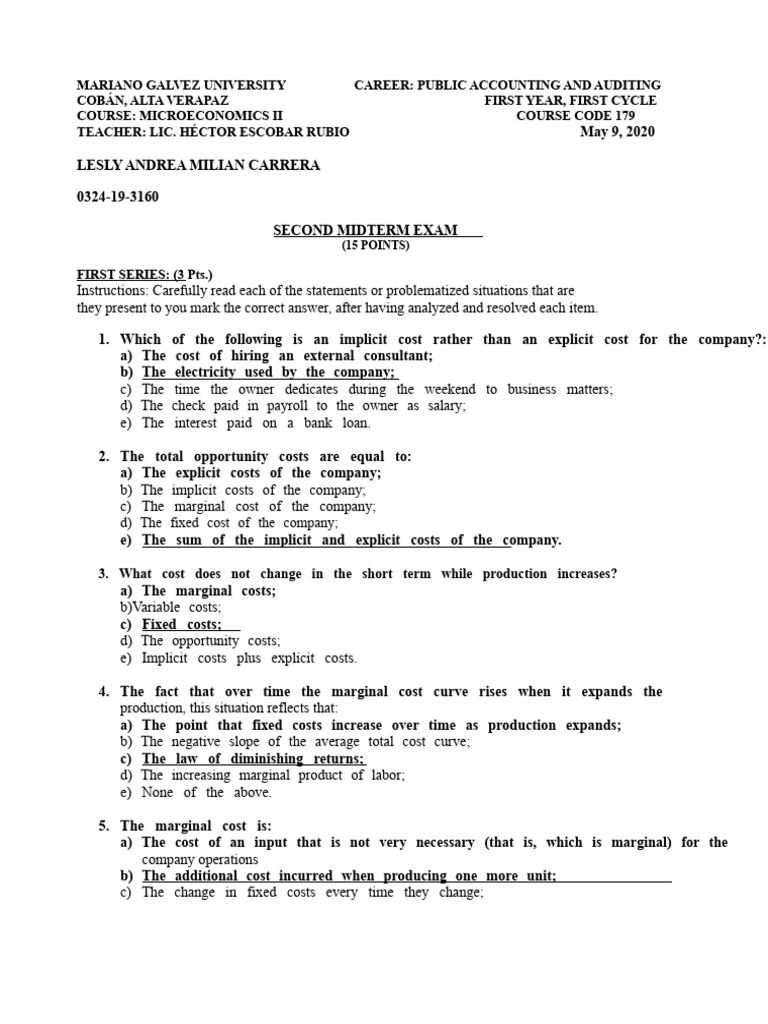 Microeconomics II Midterm Exam Guide | PDF | Average Cost | Profit ...