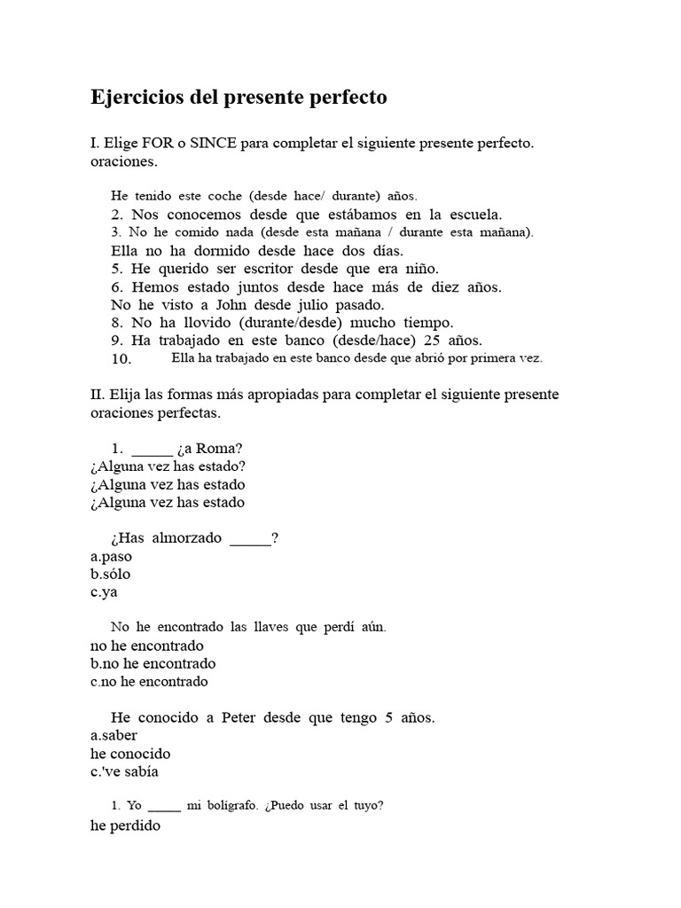 Ejercicios de presente perfecto en inglés | PDF