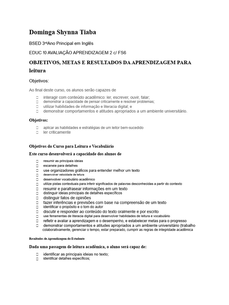 Objetivos e Resultados de Aprendizagem Acadêmica | PDF | Aprendizado ...