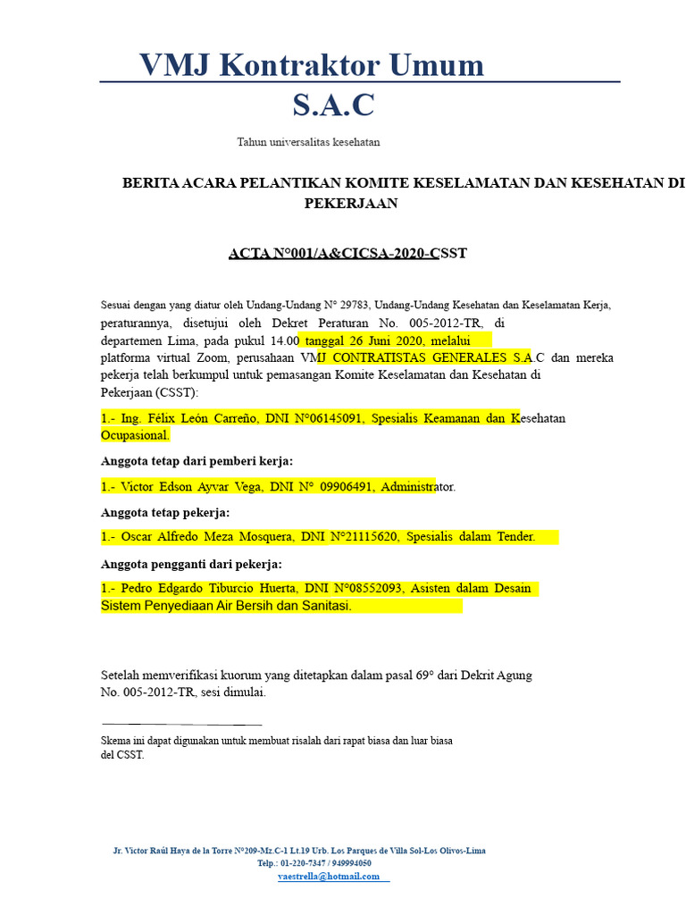 Pelantikan Komite Kesehatan Kerja VMJ | PDF