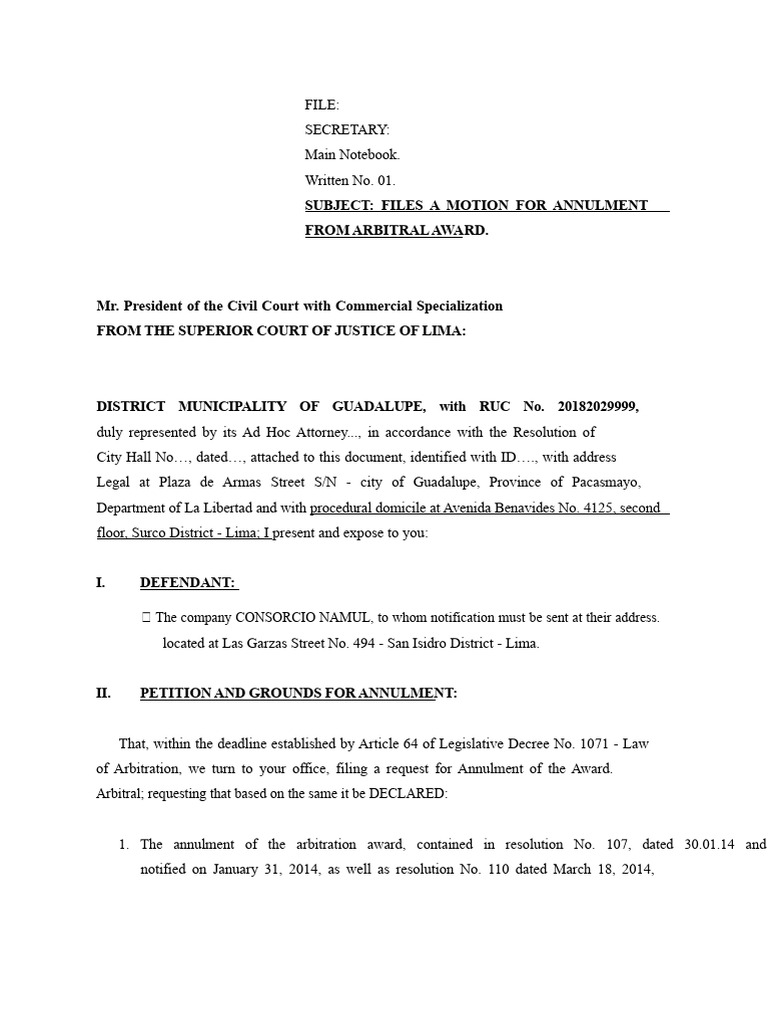Motion to Annul Arbitral Award | PDF | Arbitration | Arbitral Tribunal