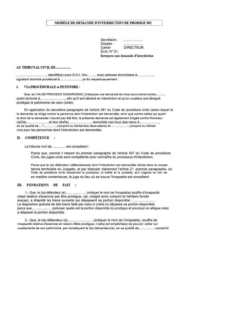 Demande d'interdiction pour prodigalité | PDF | Compétence | Droit ...