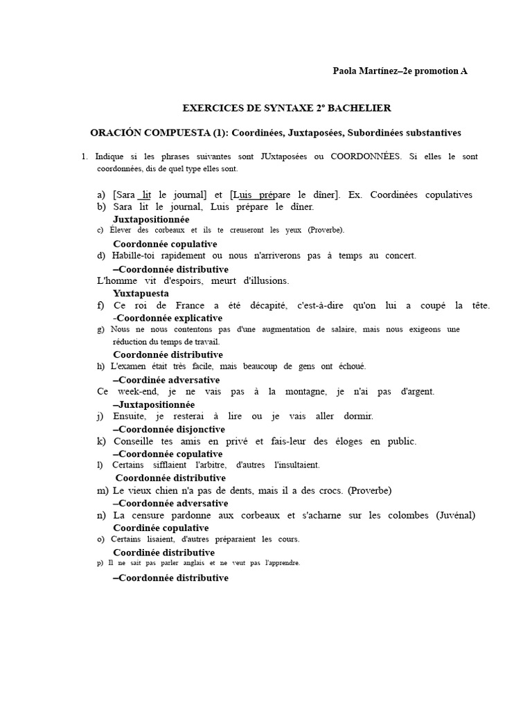 Exercices de syntaxe pour le 2e bachelier | PDF | Phrase | Clause