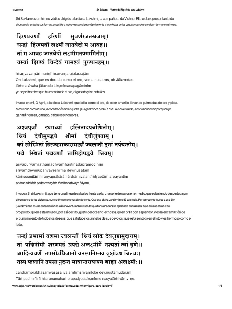 Mantra Sri Suktam para la Diosa Lakshmi PDF Vedas Religiones indias — free download