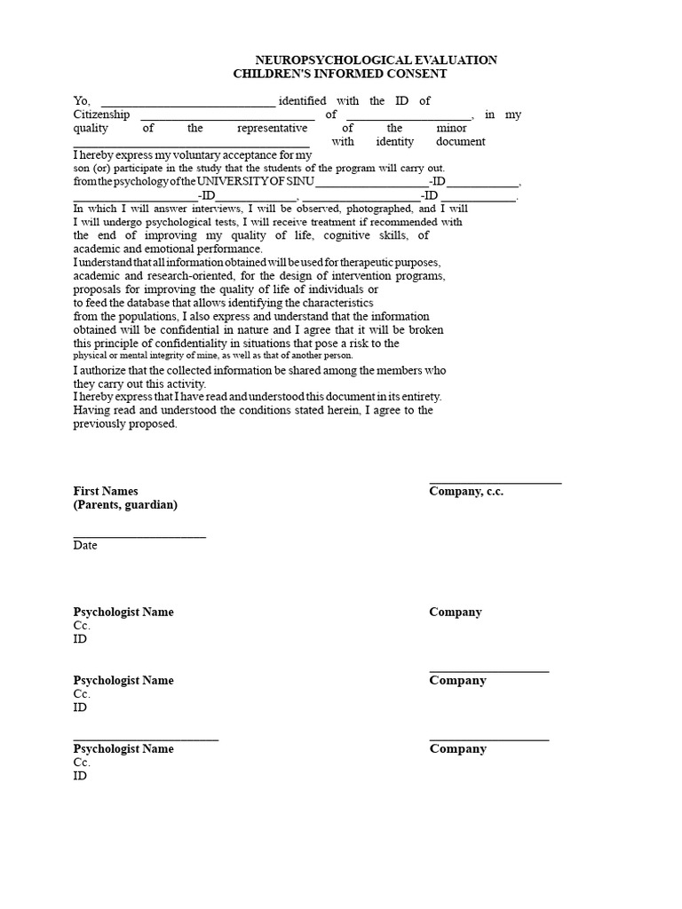 Informed Consent for Child Evaluation | PDF | Psychology | Informed Consent