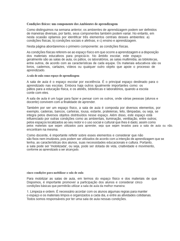 Condições Físicas em Ambientes de Aprendizagem | PDF | Aprendizado ...