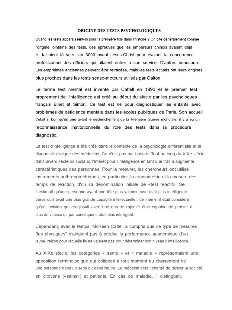 Histoire des tests psychologiques | PDF | Psychologie | Test psychologique