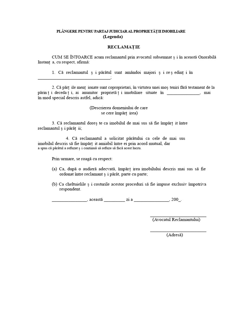 Plângere Pentru Partaj Judiciar Al Bunurilor Imobile | PDF