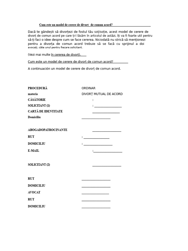 Model de Cerere de Divorț Prin Acord Comun | PDF