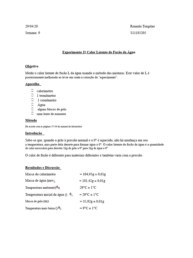 Calor Latente de Fusão da Água: Experimento | PDF | Calor | Calor latente