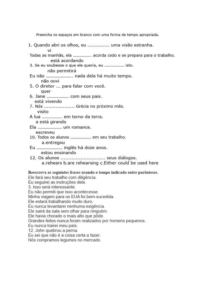 exercício de tempos verbais | PDF