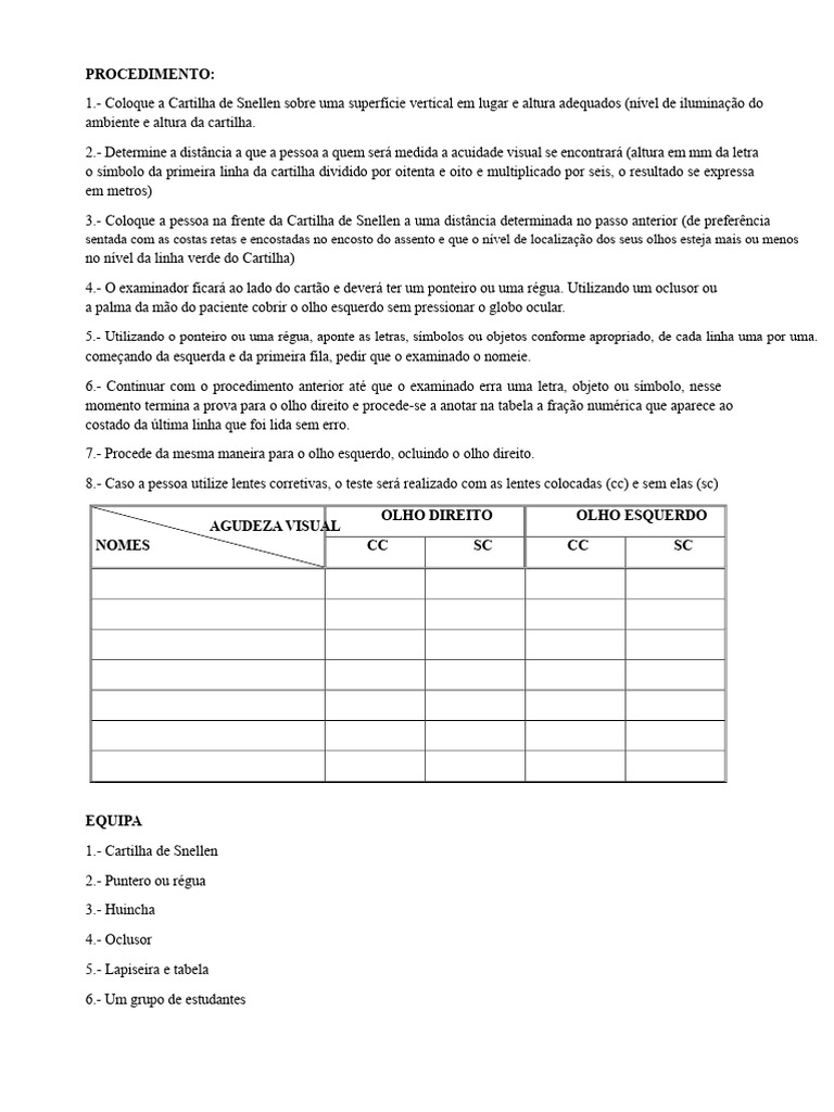 Procedimento para Teste de Acuidade Visual | PDF