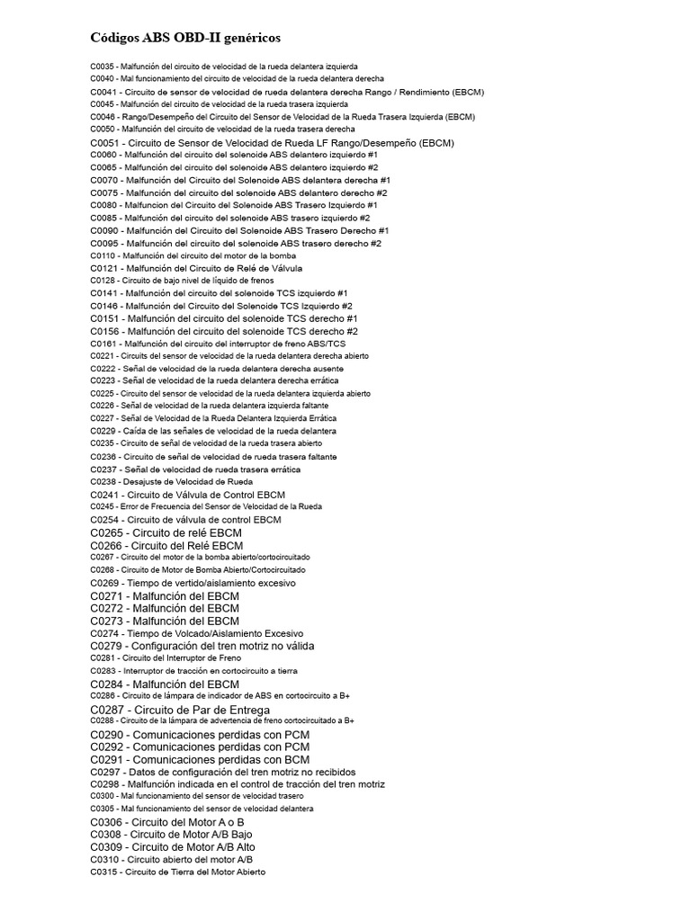 Códigos ABS OBD-II y DTC relevantes | PDF | Sistema de freno ...