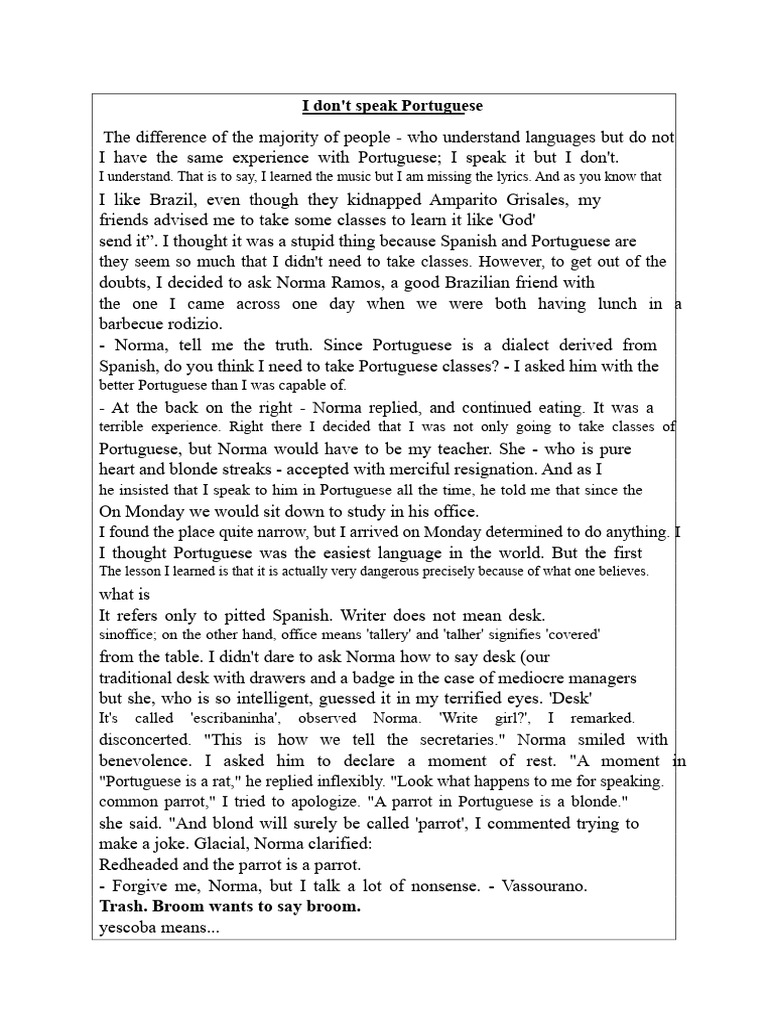 False Cognates - Text I Do Not Speak Portuguese PDF | PDF | Portuguese ...