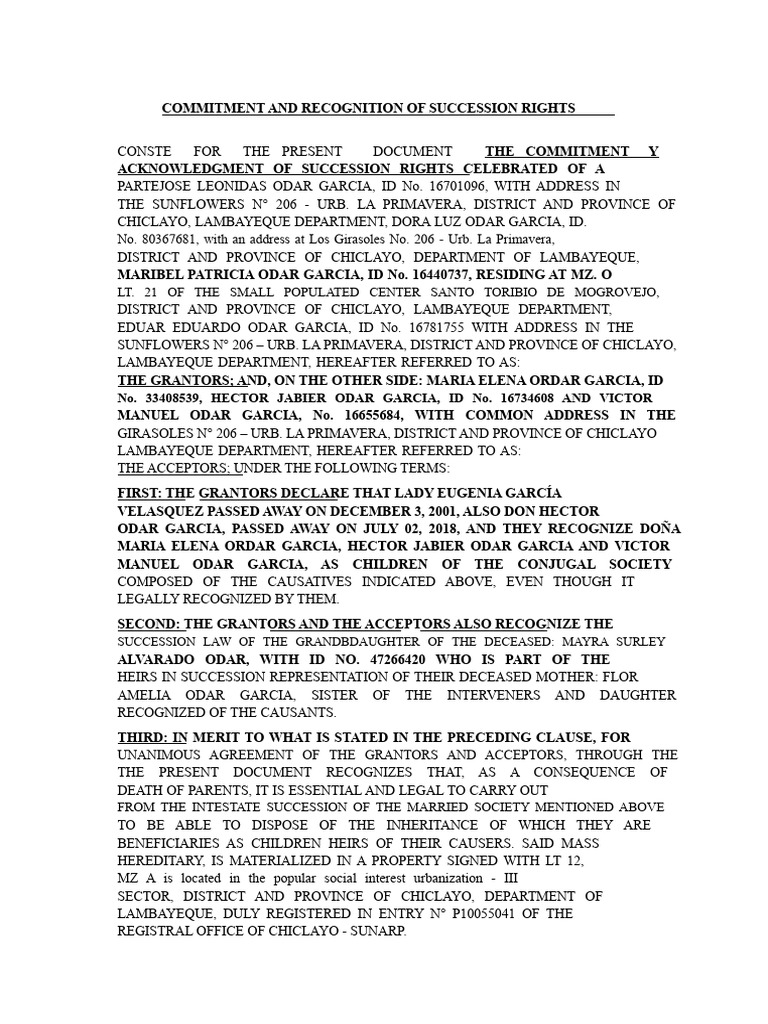 Succession Rights Acknowledgment Document | PDF | Inheritance | Legal ...