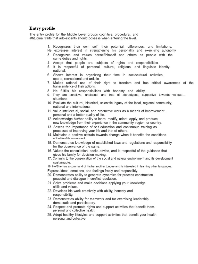 Middle Level Entry and Graduation Profiles | PDF | Knowledge | Well Being