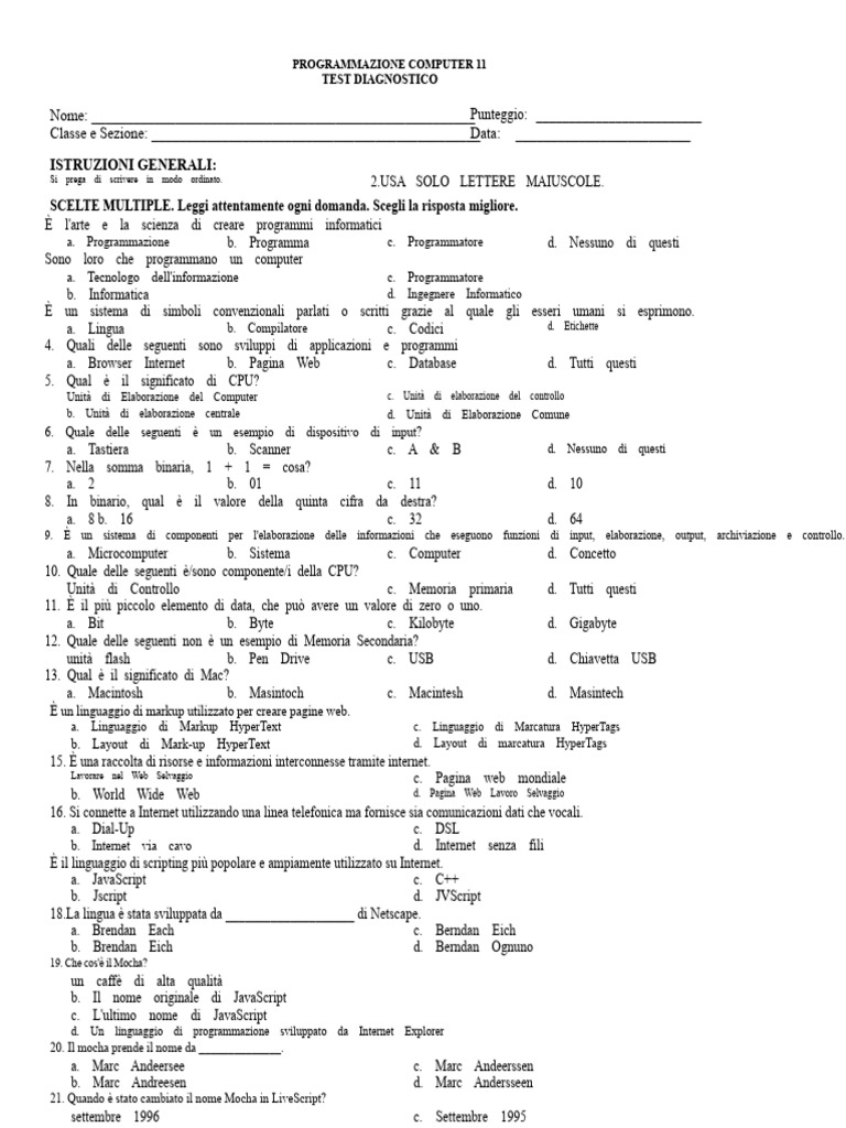 Test Diagnostico Di Programmazione Informatica | PDF
