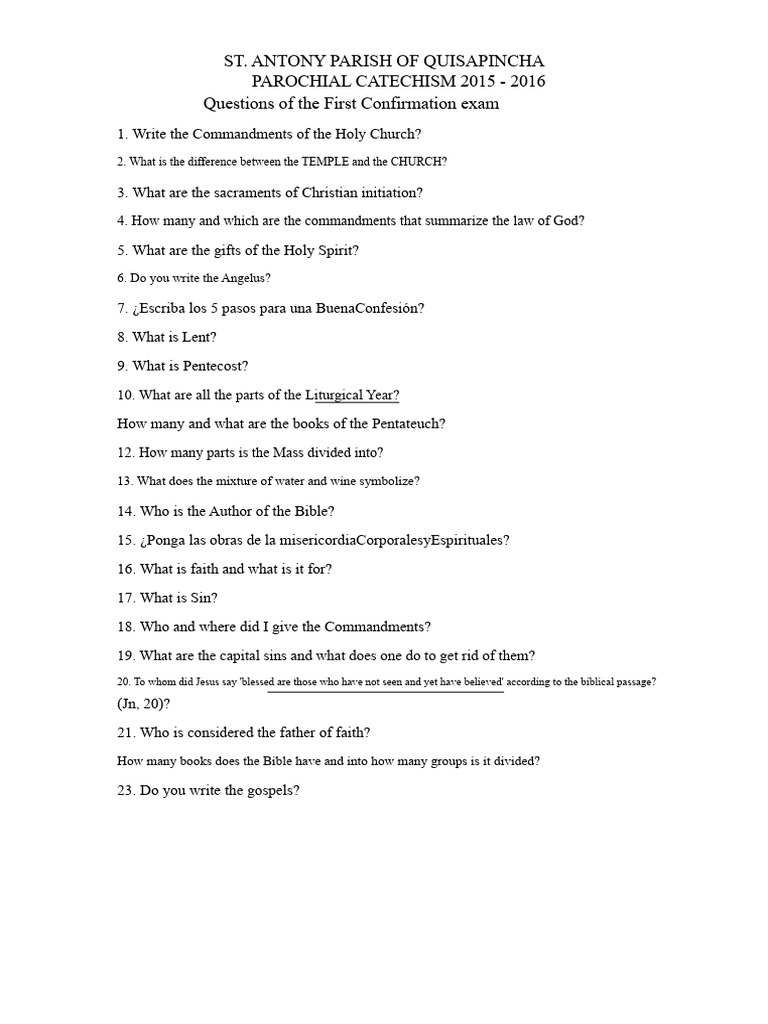 Confirmation Exam Questions 2015-2016 | PDF