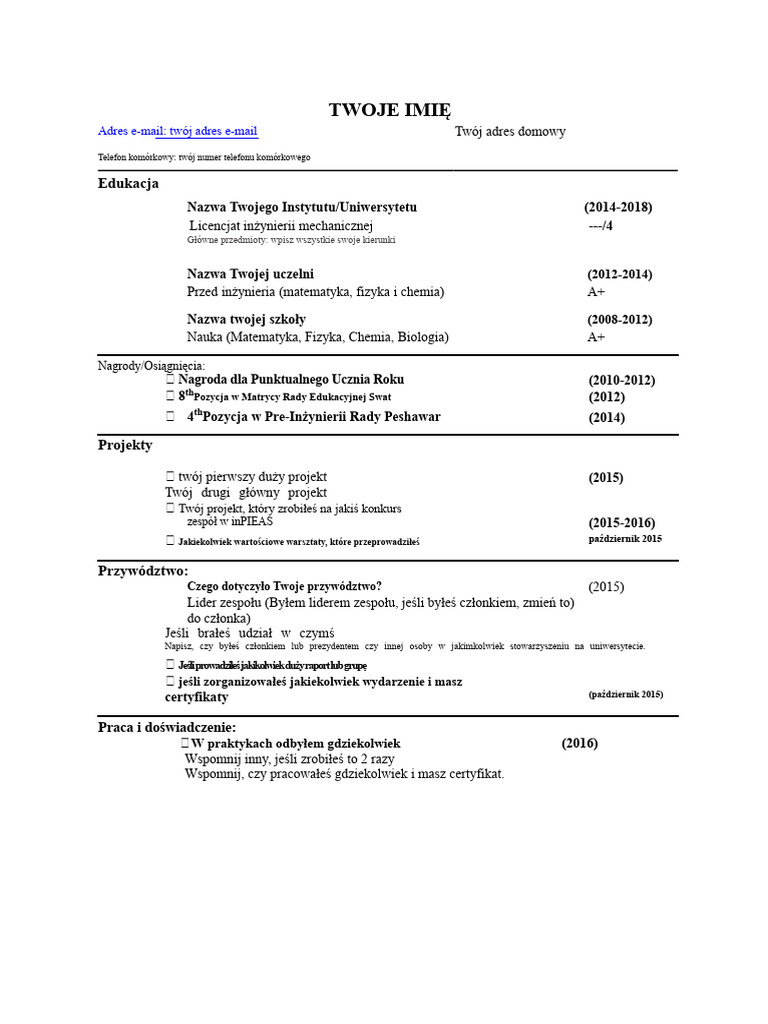 Przykładowe CV (Format MIT) | PDF