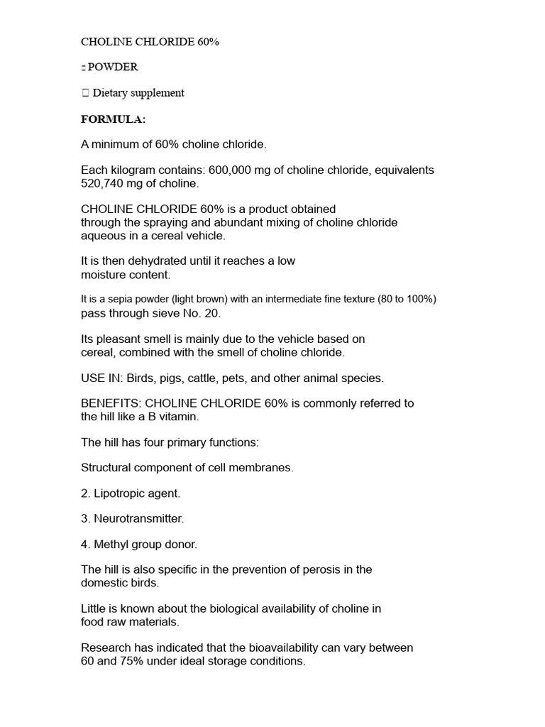 Choline Chloride 60% Powder for Animals | PDF
