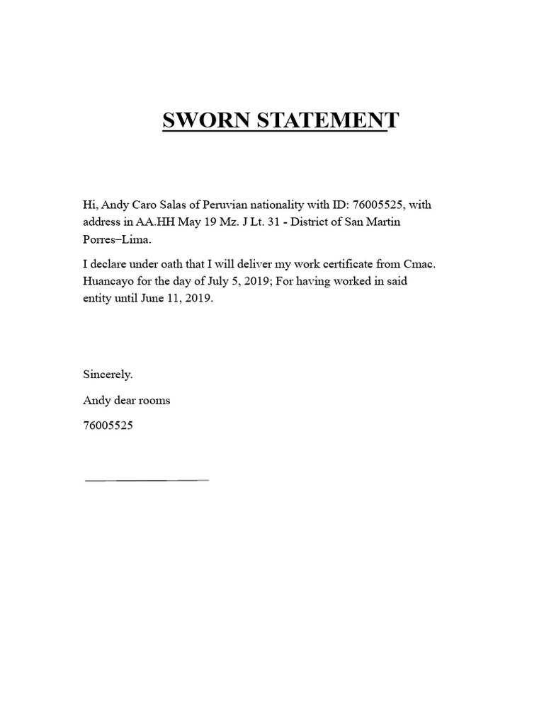 Sworn Statement of Delivery of Work Certificate | PDF