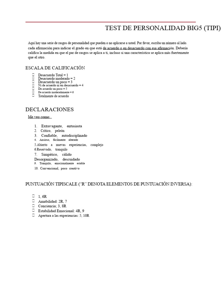 Test de Personalidad Big5 (TIPI) | PDF
