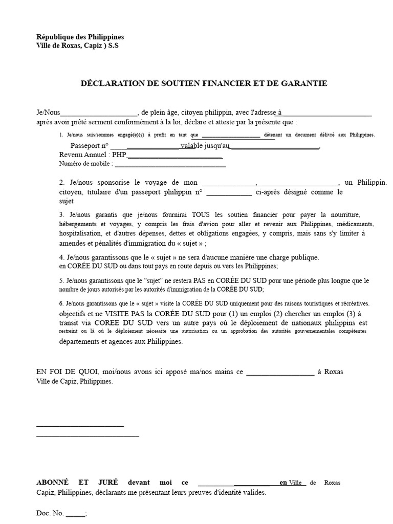 Déclaration de soutien financier aux Philippines | PDF | Visa (Document)